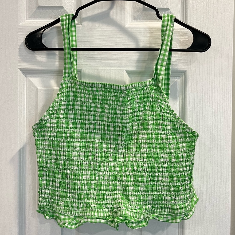 ruched gingham cropped tank top
